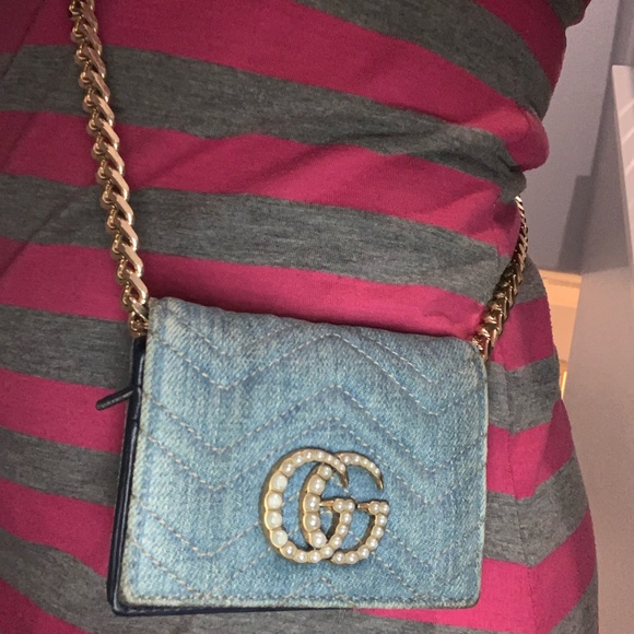 FULL INCLUSION! RARE Gucci Pearly GG Marmont Matelasse Denim Wallet with Chain. - Picture 9 of 16